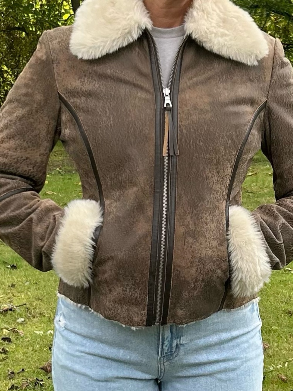 Express Brown leather Jacket with Cream Shearling Collar